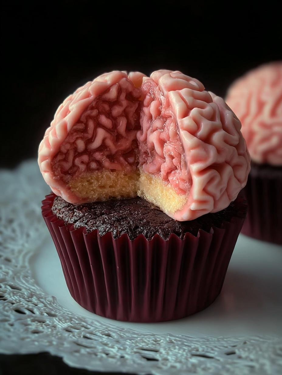 Spooky Halloween Brain Cupcake: 1 Gruesome Recipe 2 Spooky Halloween Brain Cupcake: 1 Gruesome Recipe - Halloween Brain Cupcake - additional detail