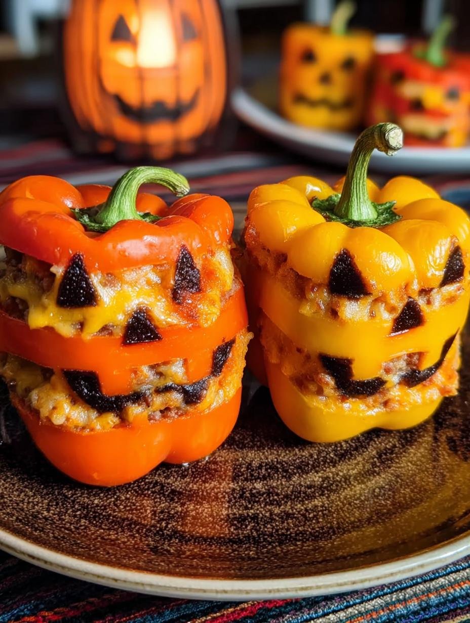 Halloween Stuffed Peppers - filled and topped with cheese, ready for baking