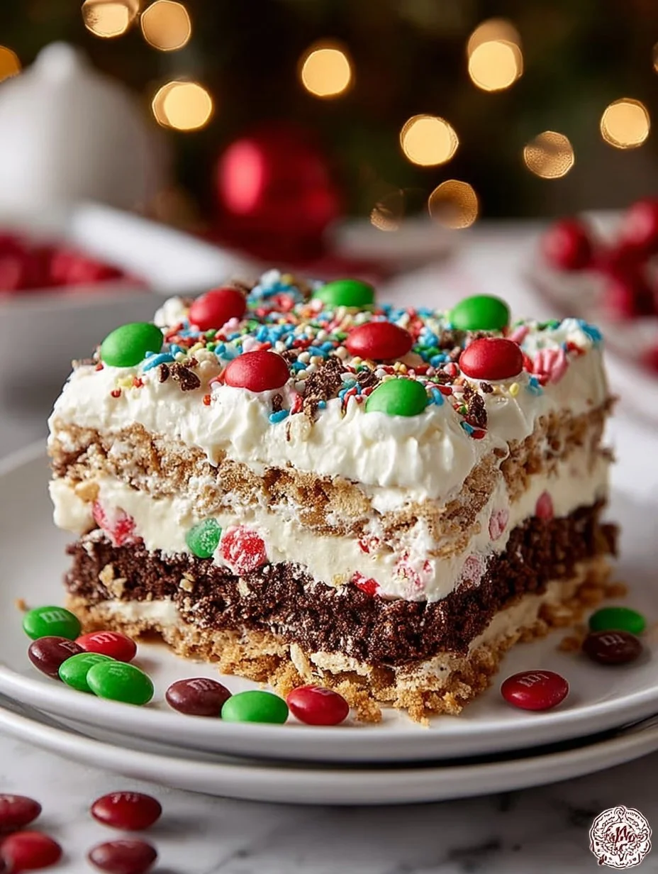 Christmas Dessert Lasagna 1 Christmas dessert lasagna with layers of cream and festive decorations