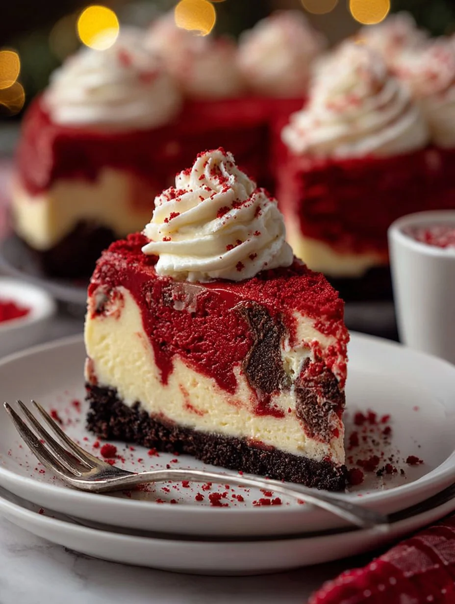 Christmas Red Velvet Cheesecake 1 Christmas Red Velvet Cheesecake topped with cream cheese frosting and festive decorations