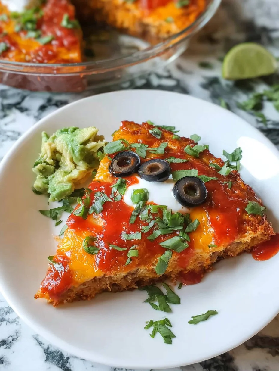 Crustless Taco Pie 1 Crustless taco pie served on a plate with toppings