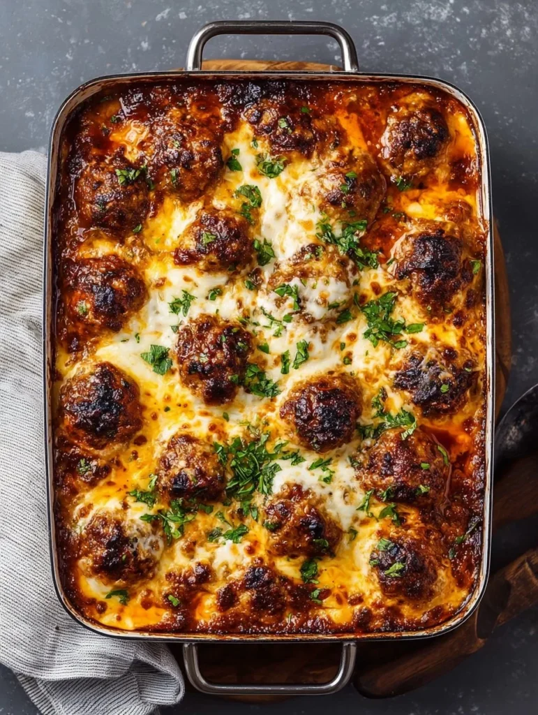 Keto Meatball Parmesan Casserole topped with melted cheese and herbs