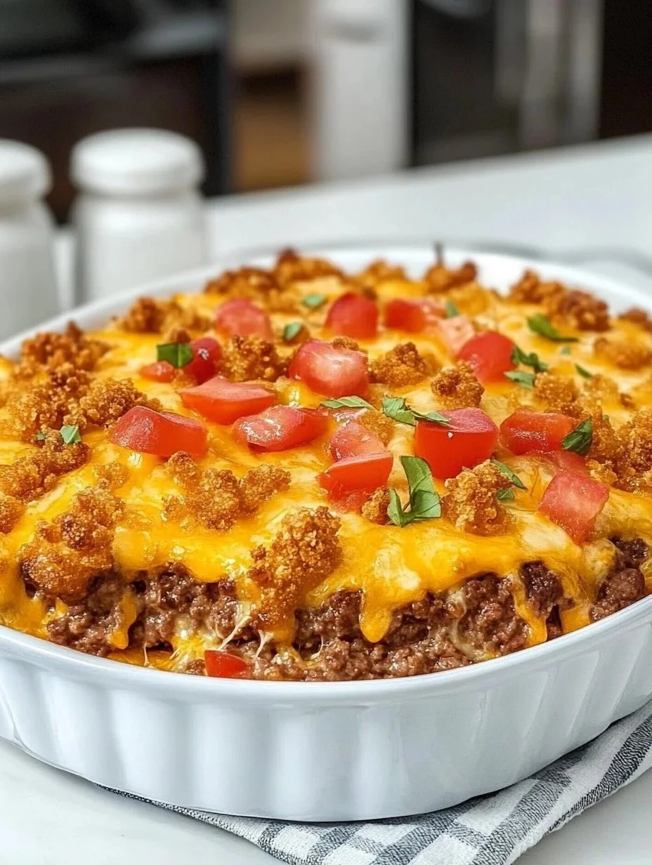 Cheeseburger Crispy Crown Casserole topped with crispy potato crowns