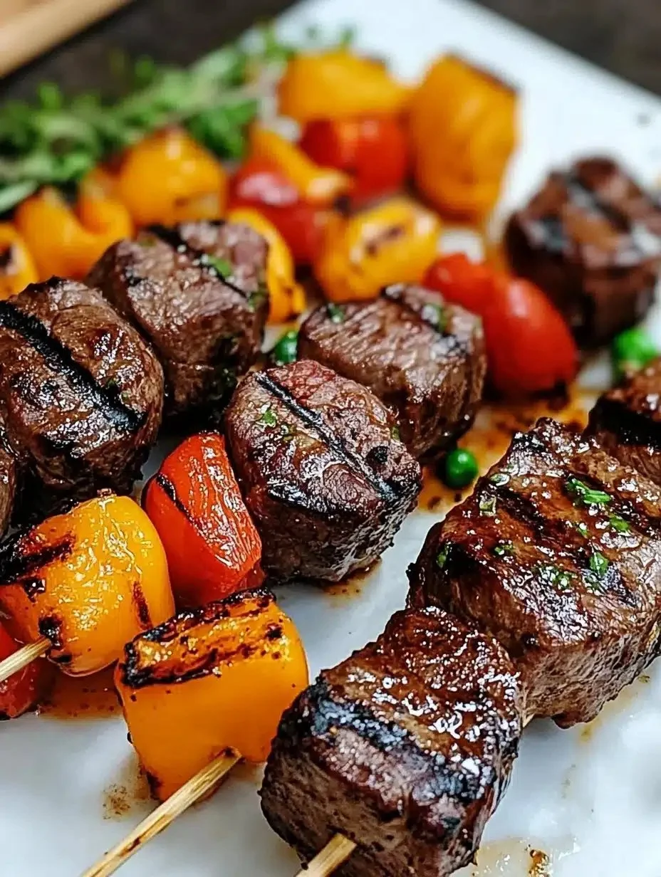 Grilled Steak Kabobs 1 Delicious grilled steak kabobs on skewers with vibrant bell peppers and onions