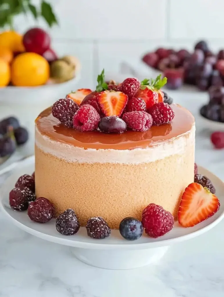 Sangria Soaked Sponge Cake with fresh fruits on a rustic wooden table