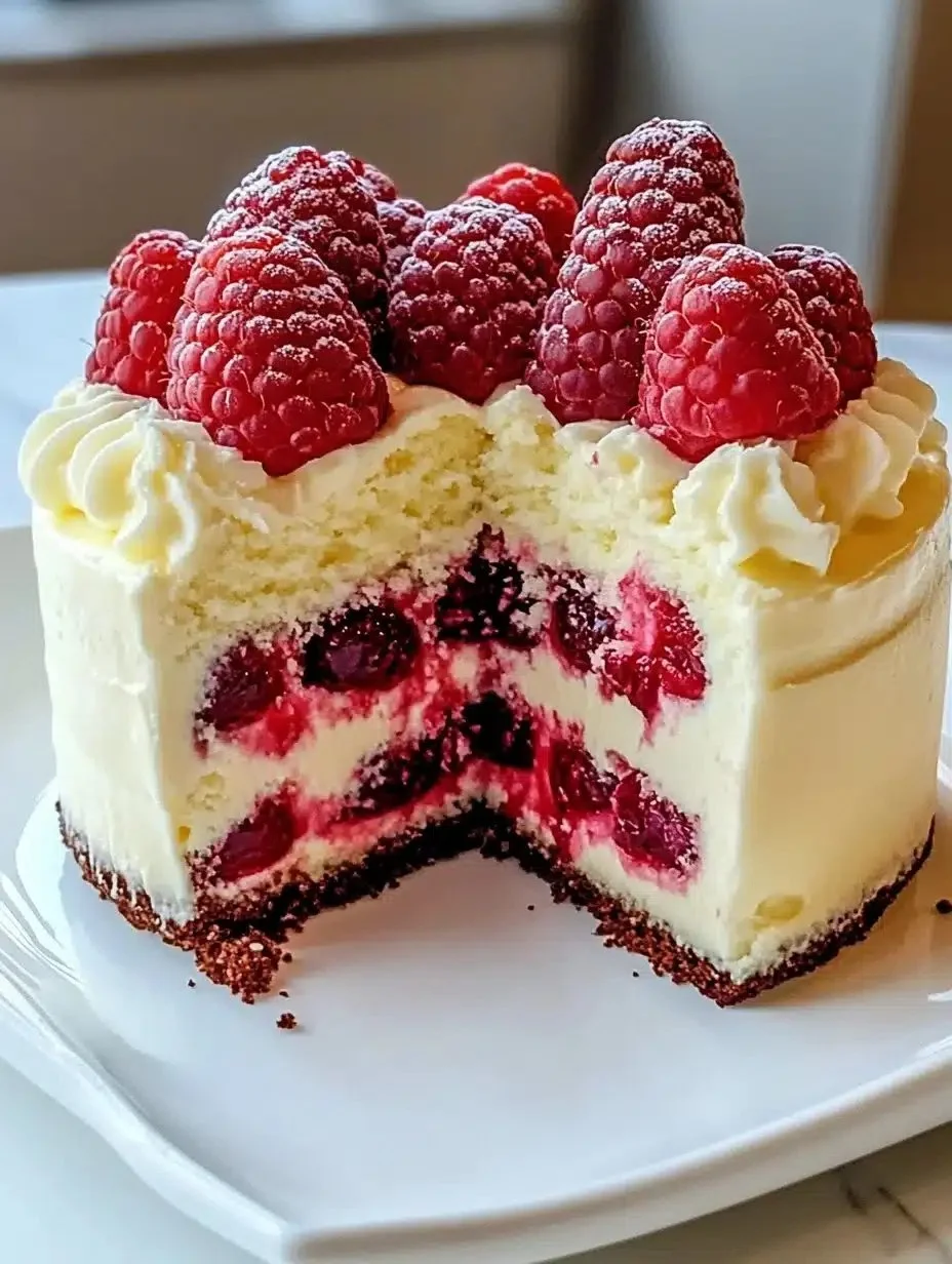 White Chocolate Raspberry Cake topped with raspberries and white chocolate shavings