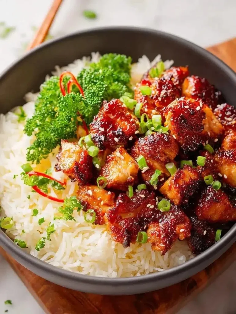 Air Fryer Teriyaki Chicken garnished with sesame seeds and green onions