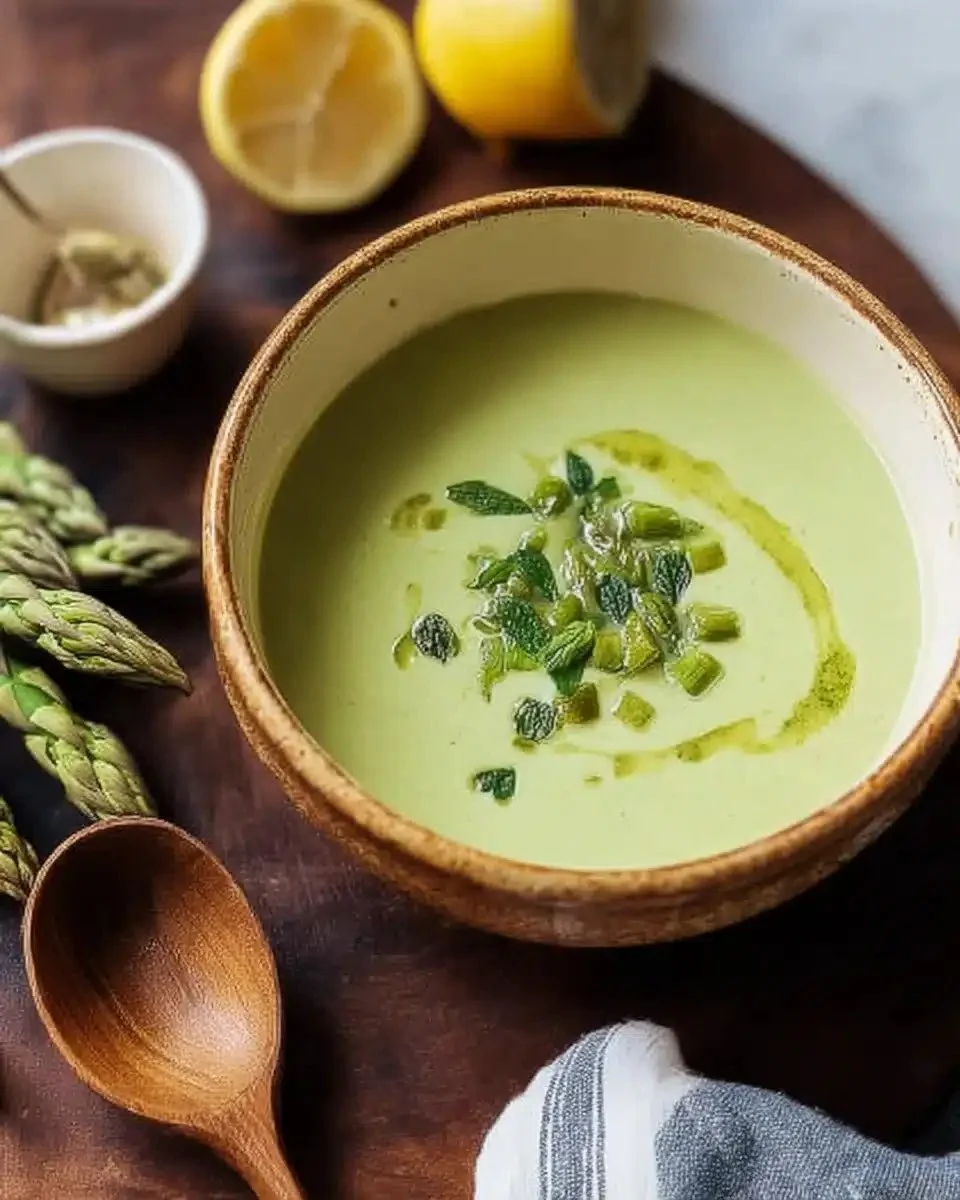 Asparagus Soup 1 Bowl of creamy asparagus soup garnished with fresh herbs