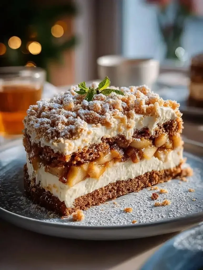 Delicious Baked Apple Heaven Cake topped with fresh apples and cinnamon.