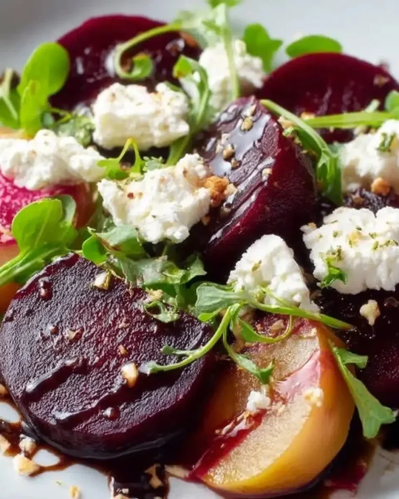 Vibrant beet salad topped with goat cheese and balsamic dressing.