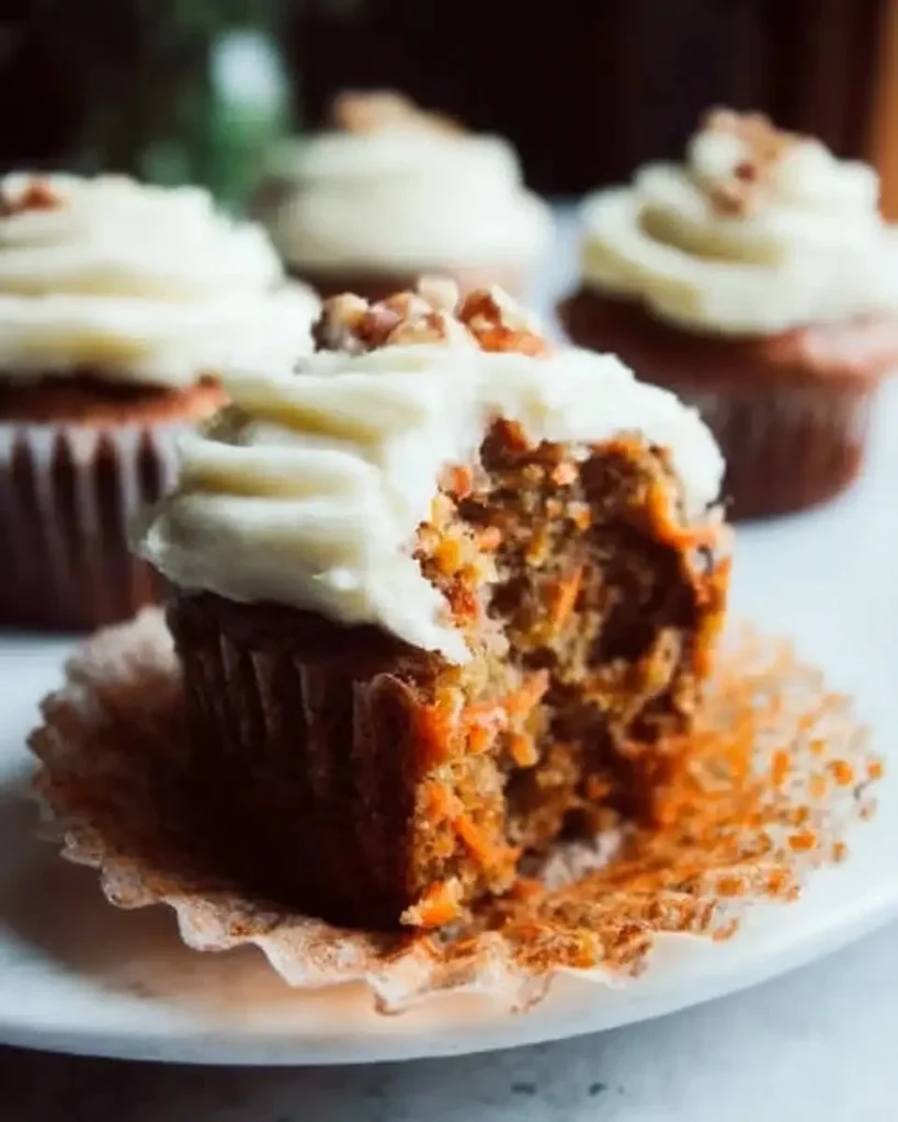 Delicious carrot cake cupcakes with cream cheese frosting on a rustic plate