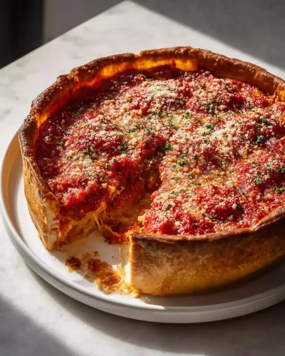 Chicago-Style Deep Dish Pizza with Italian Sausage 1 Chicago-style deep dish pizza topped with Italian sausage and gooey cheese