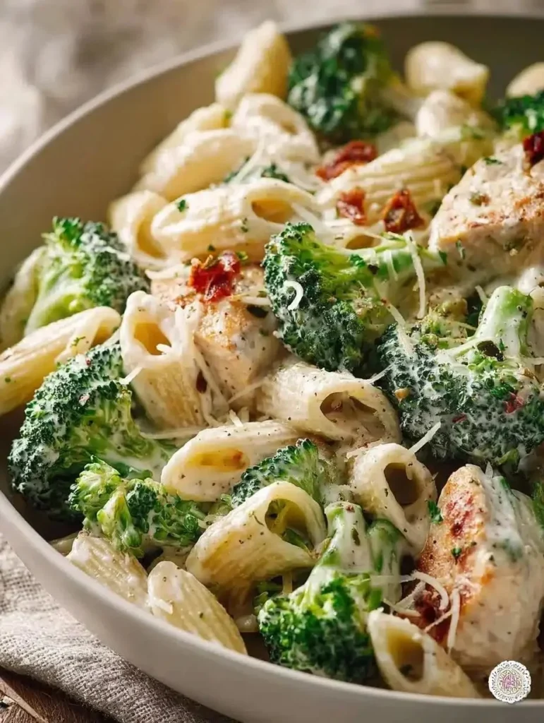 Creamy Chicken Broccoli Alfredo served on a plate with parsley garnish