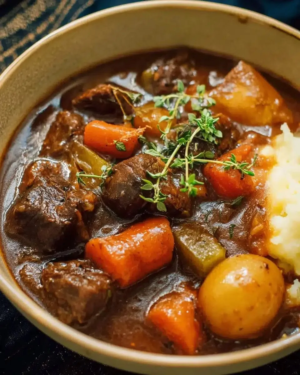 Classic Beef Stew — Hearty One-Pot Comfort 1 A bowl of classic beef stew with vegetables and herbs, showcasing heartwarming comfort food.