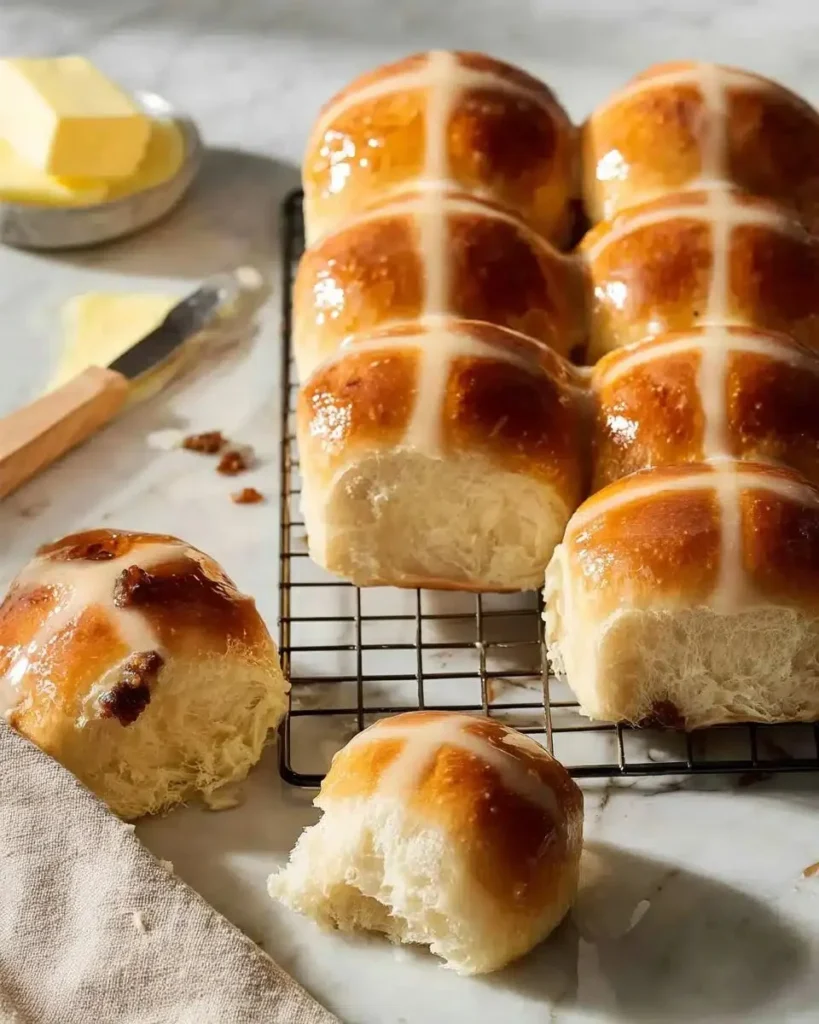 Freshly baked classic hot cross buns with spices and cross topping