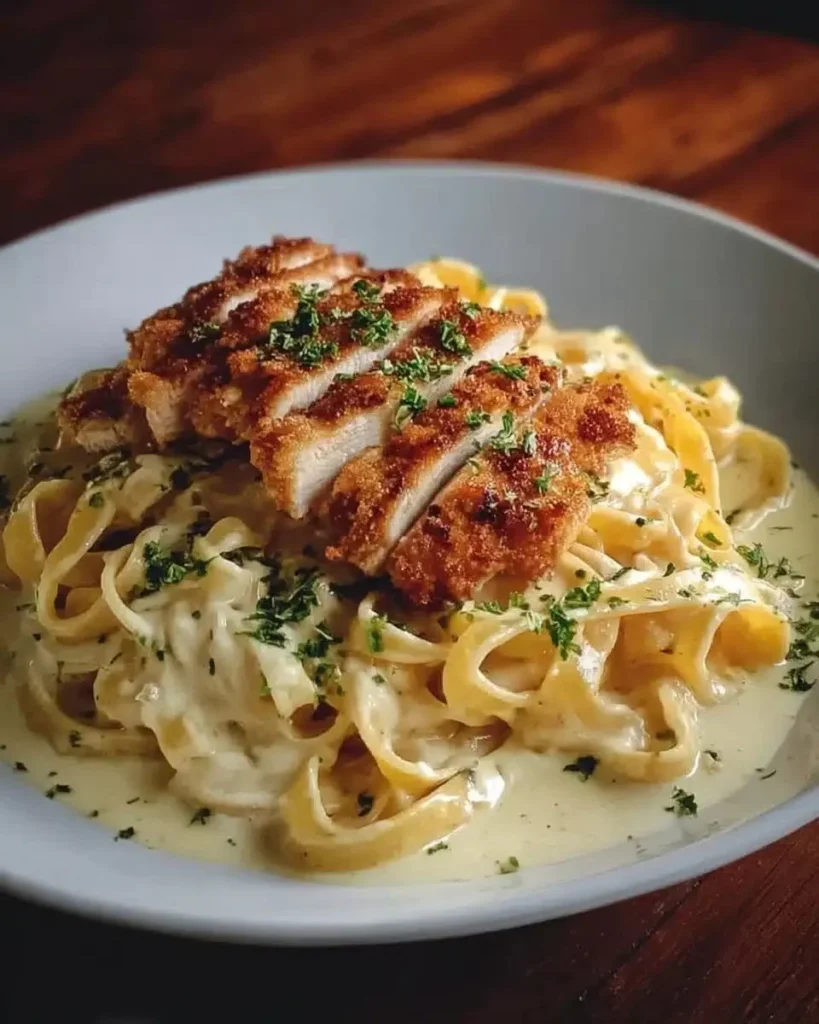 Crispy chicken served with creamy pasta dish on a plate