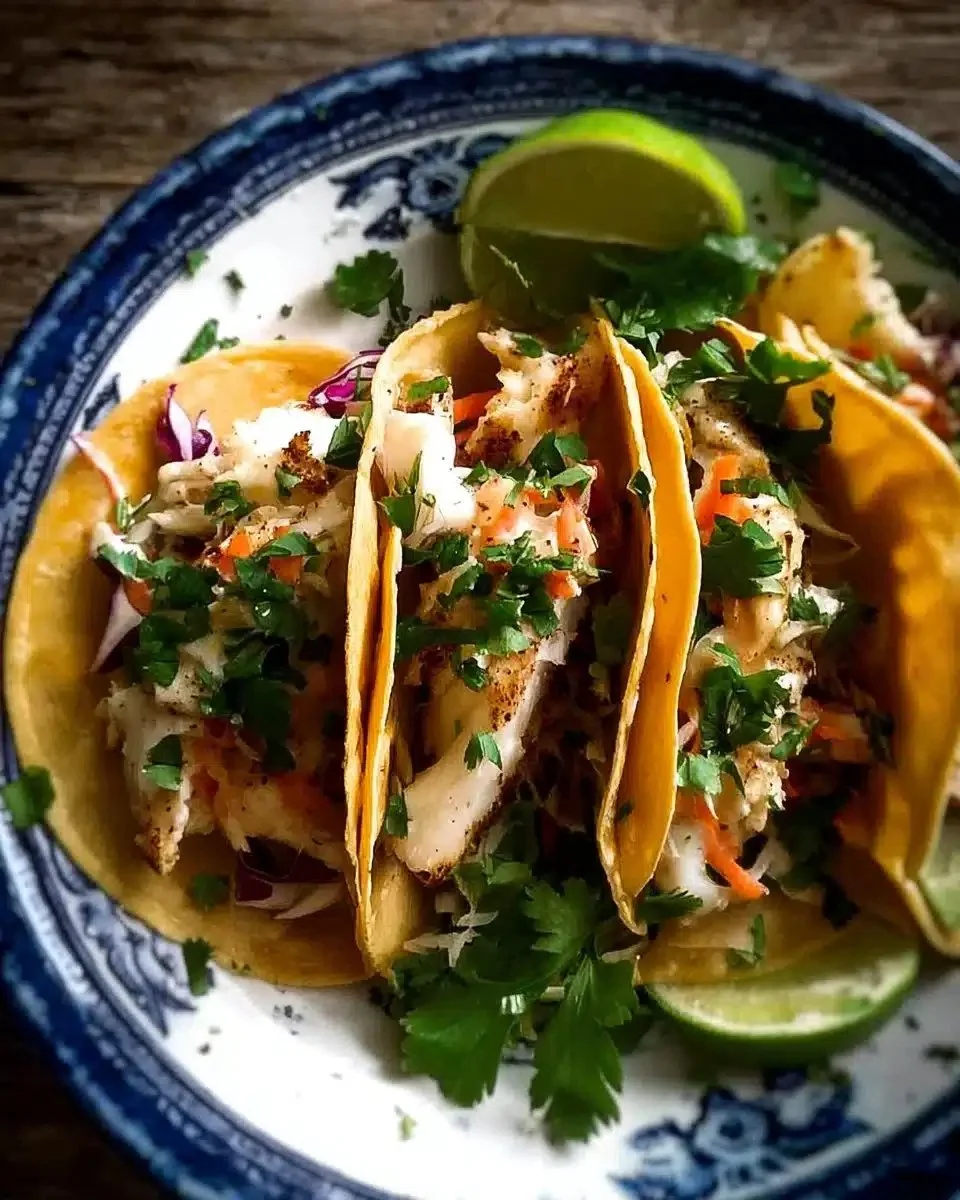 Crispy Fish Tacos with Lime Slaw 1 Crispy fish tacos topped with fresh lime slaw served on a plate.