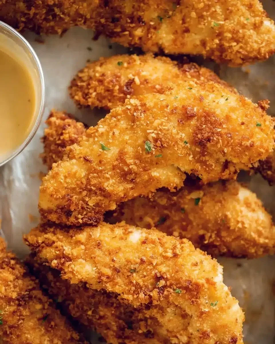 Crispy Oven Baked Chicken Tenders — Golden & Easy 1 Crispy oven baked chicken tenders served on a plate with dipping sauce