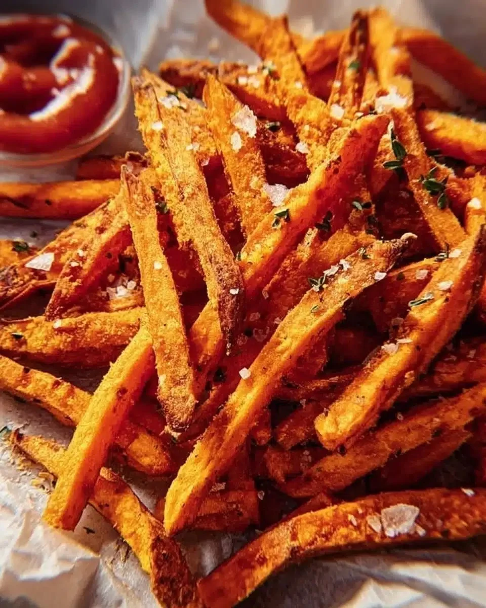 Crispy oven-baked sweet potato fries served with dipping sauce