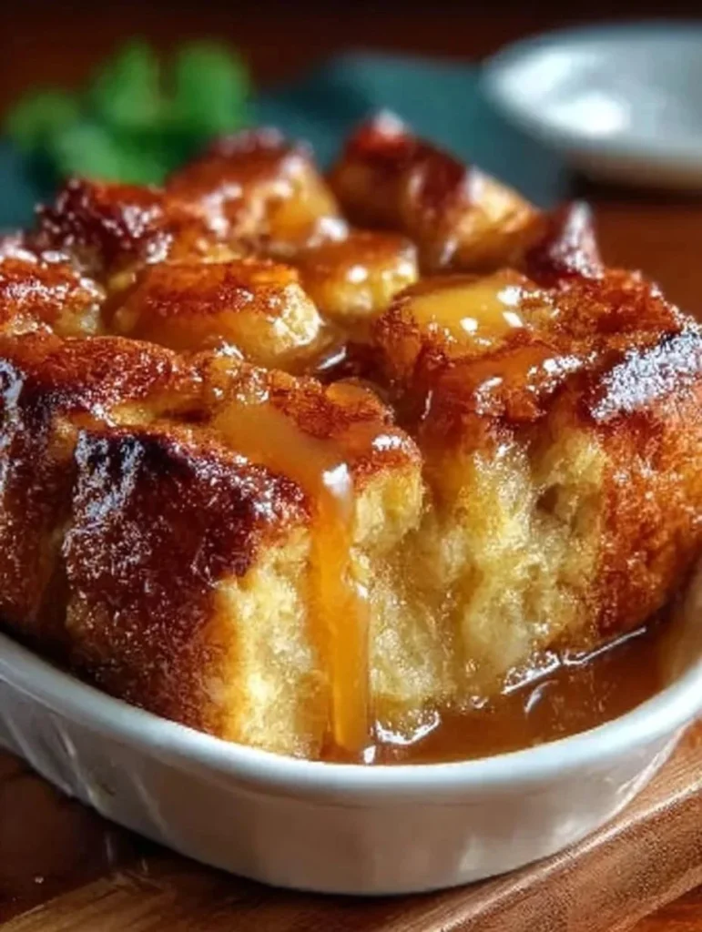 Delicious croissant bread pudding topped with caramel sauce