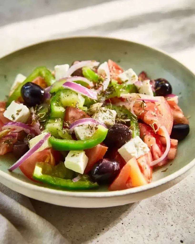 Delicious Greek salad garnished with fresh vegetables and homemade dressing.