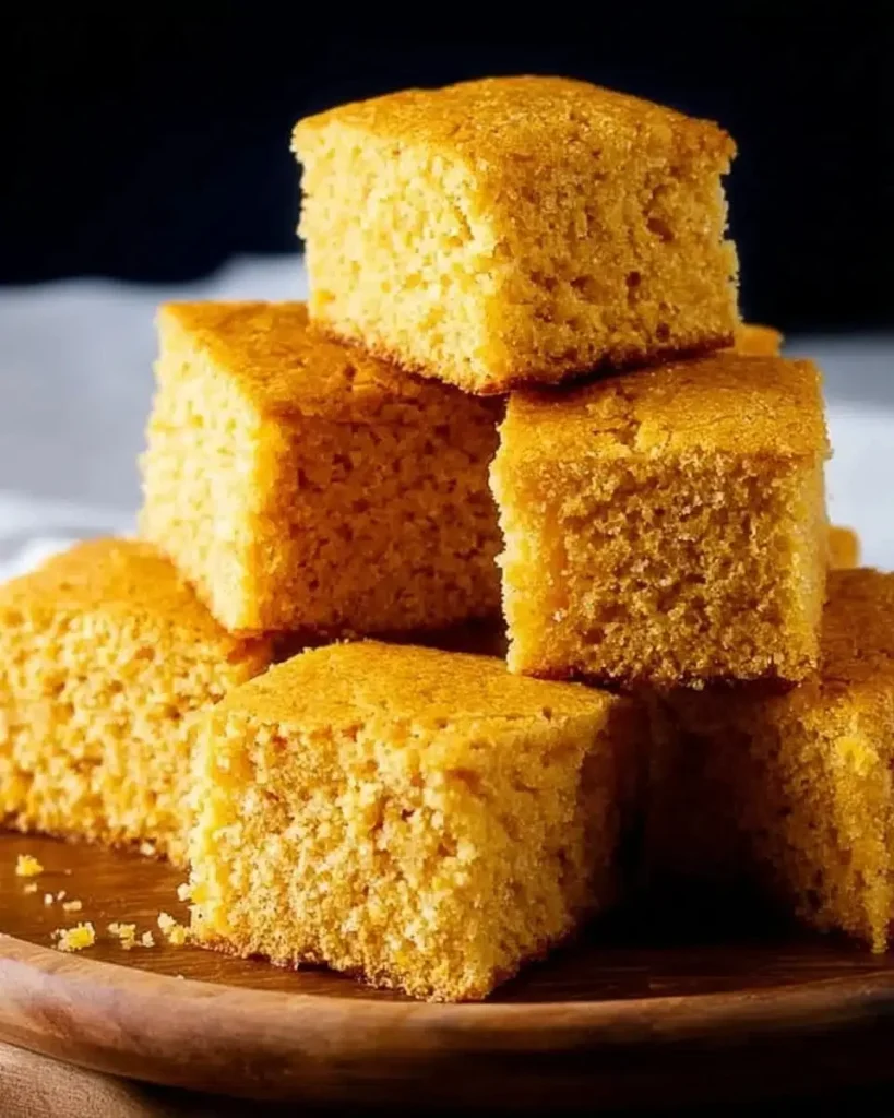 Homemade cornbread loaf, soft and golden, ready to serve.