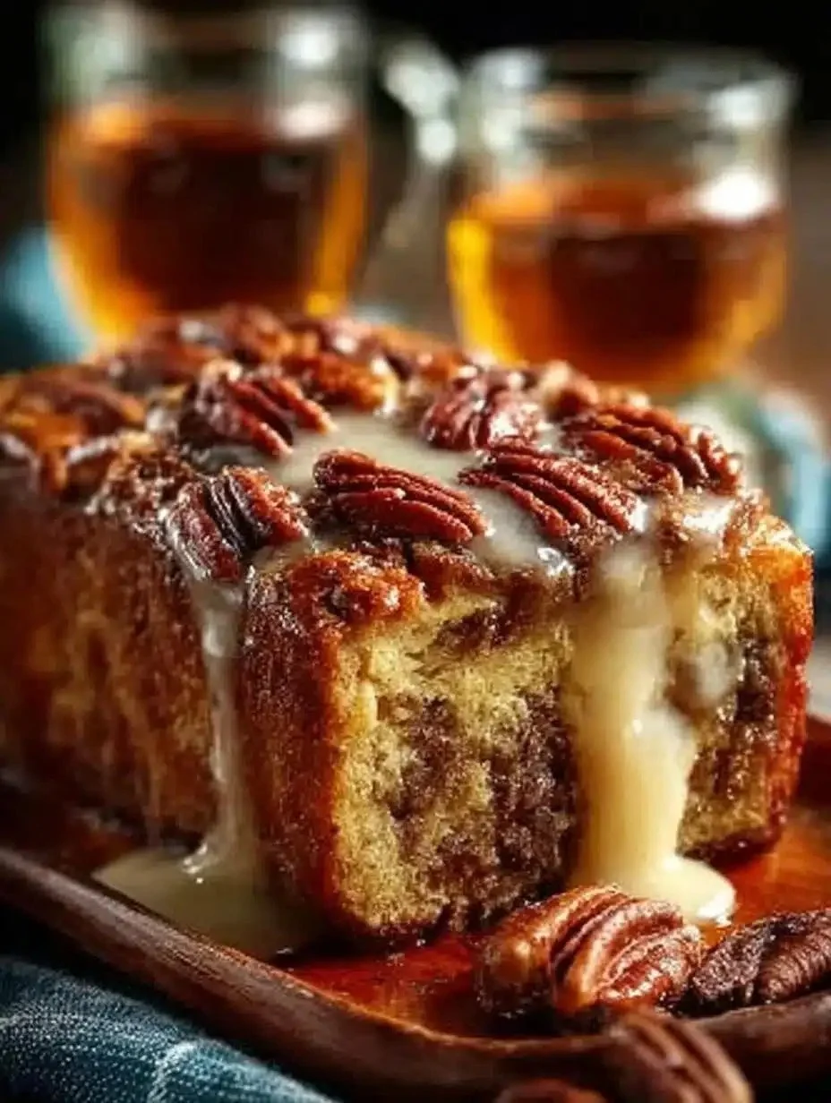 Freshly baked pecan bourbon bread with a golden crust and nutty topping.
