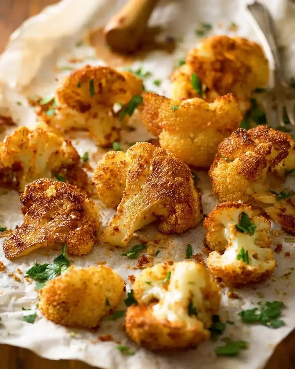Parmesan-Crusted Roasted Cauliflower 1 Parmesan-Crusted Roasted Cauliflower garnished on a serving platter