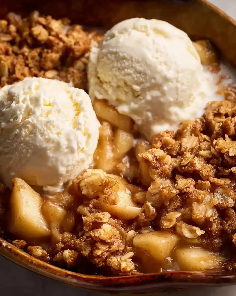 A delicious serving of perfect apple crumble with a golden crispy topping.
