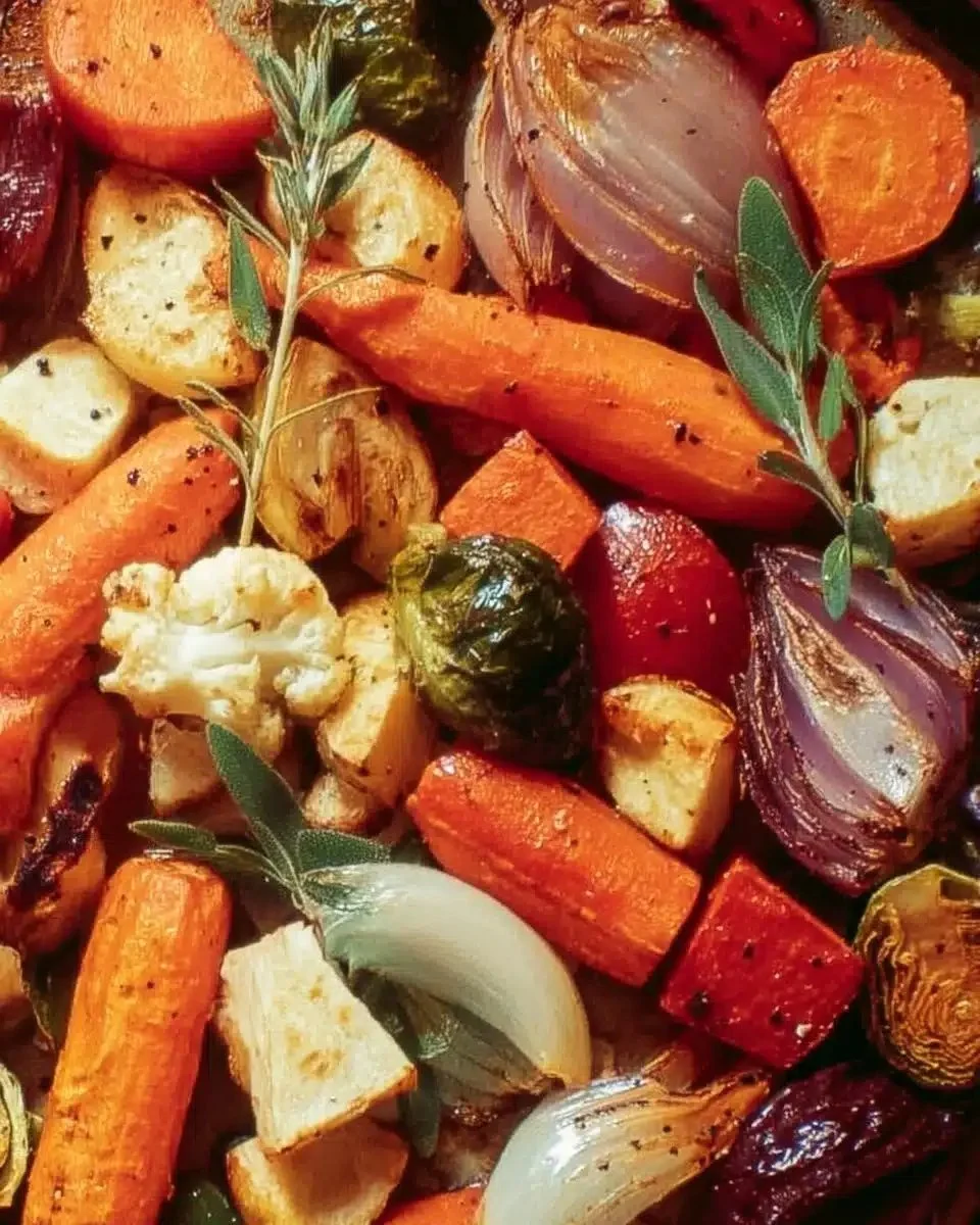 Perfect Roasted Vegetables 1 Colorful medley of perfectly roasted vegetables on a baking sheet