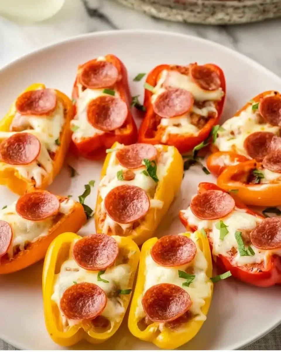 Pizza stuffed mini peppers filled with cheese and toppings, a tasty appetizer.