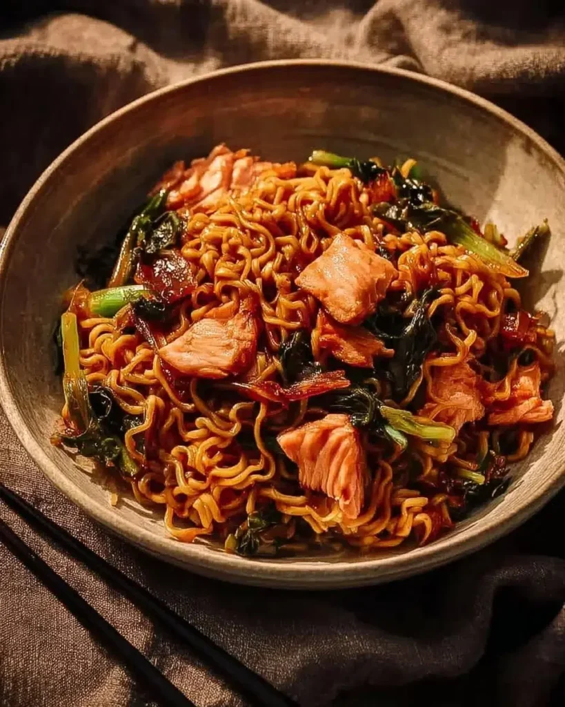 Delicious teriyaki salmon noodles served with colorful sesame veggies