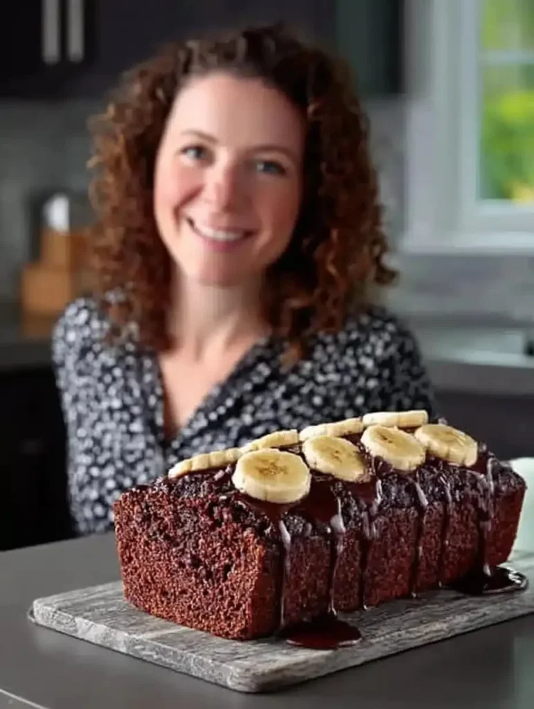 Slice of moist Triple Chocolate Banana Bread on a wooden table