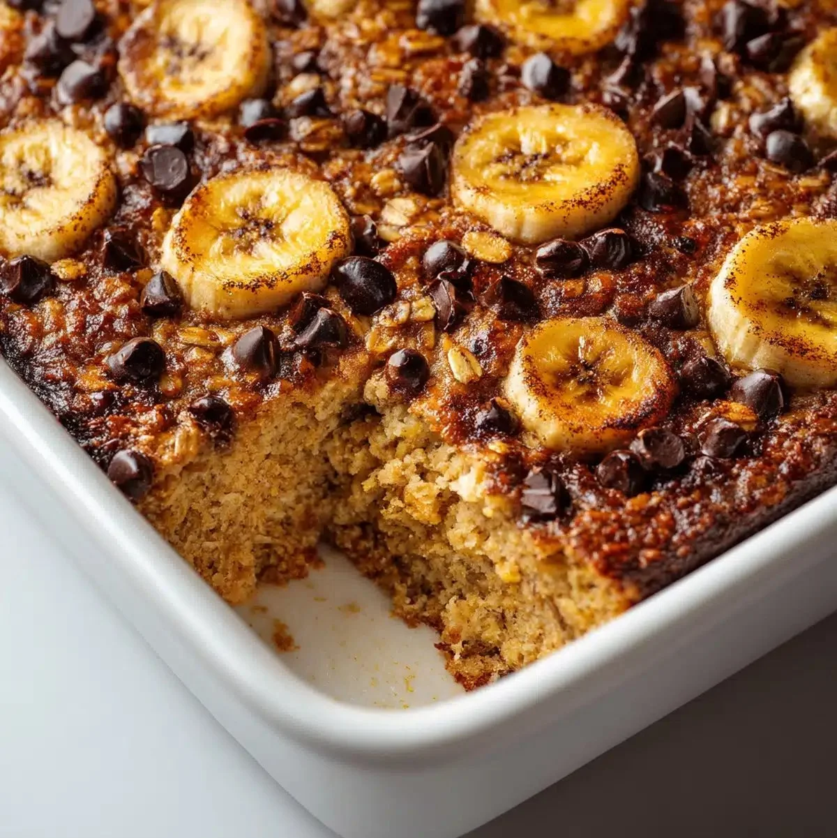 Banana Chocolate Chip Baked Oatmeal 1 Delicious banana chocolate chip baked oatmeal in a baking dish