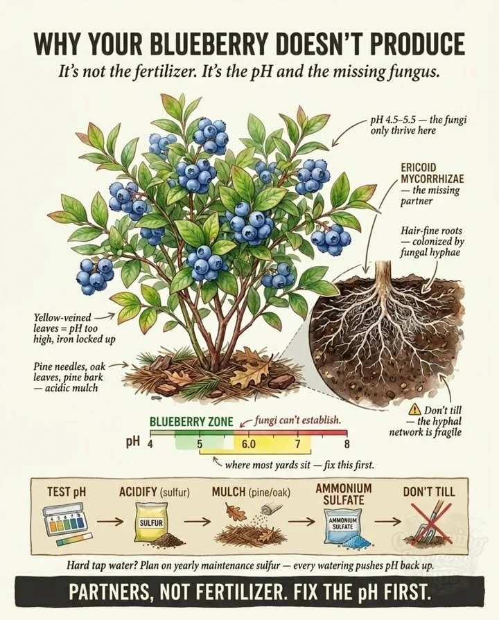 Blueberry plants showing signs of nitrogen deficiency in the soil