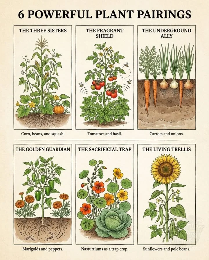 Companion planting for nitrogen fixers and chemical allies in the garden bed.