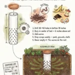 DIY worm tower using PVC pipe for compost bin and garden bed connection