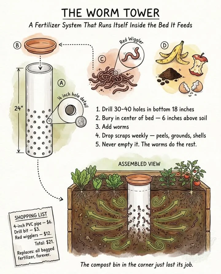 DIY worm tower using PVC pipe for compost bin and garden bed connection