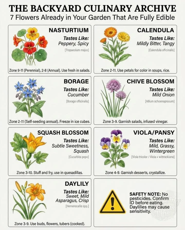 Colorful flowers growing with expensive grocery store ingredients in garden bed