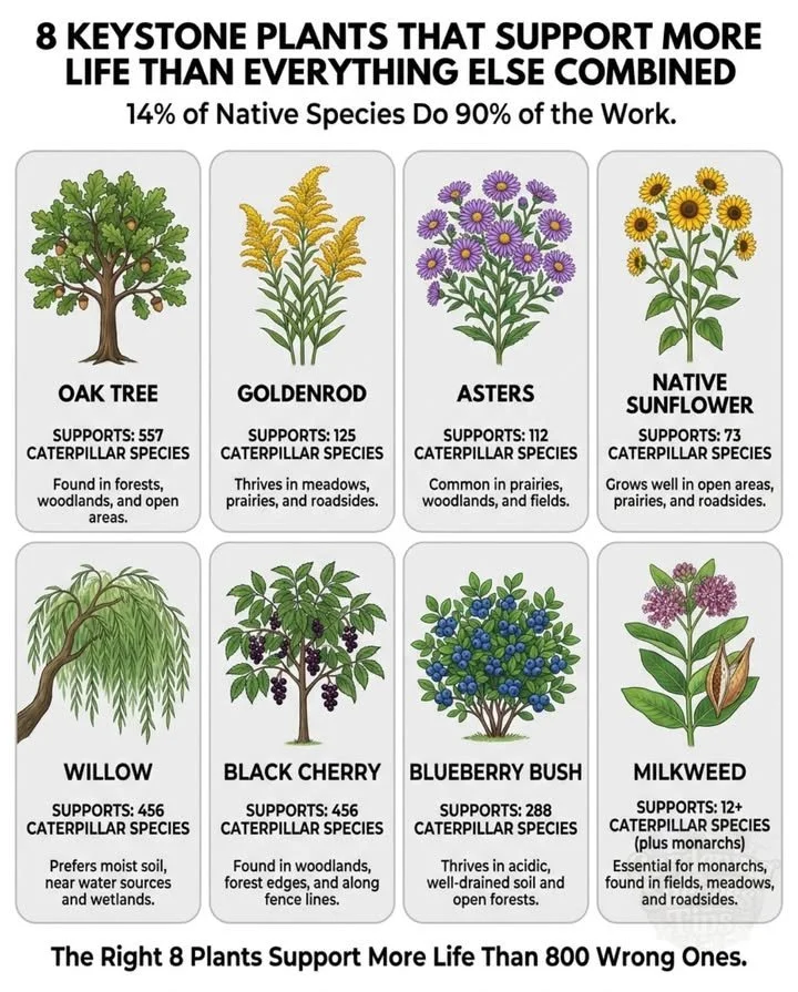 Diverse caterpillars and songbirds thriving among native plants in a lush garden