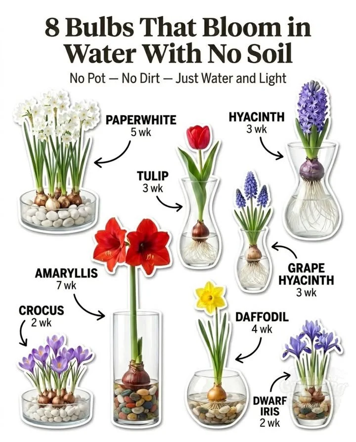 Forcing spring bulbs in water for blooming flowers in a glass vase