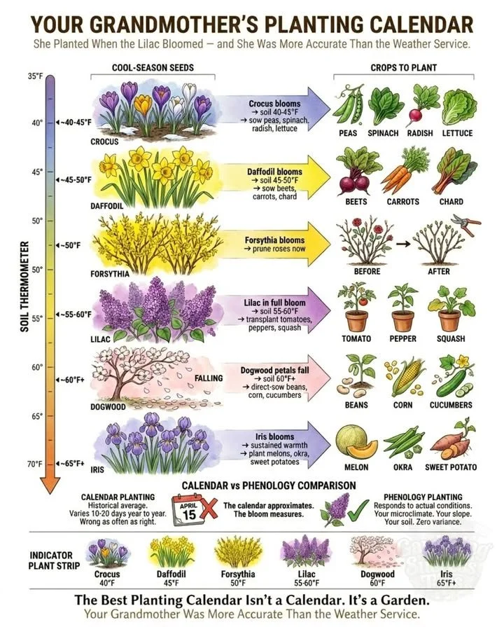 Illustration of Grandmother's Planting Calendar featuring lilac bloom and soil temperature guidelines.