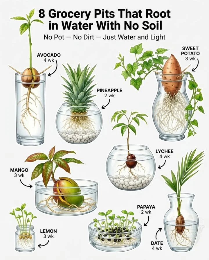Growing tropical houseplants from fruit pits in water for indoor gardening