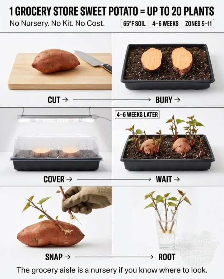 Grocery-store sweet potato used to grow multiple sweet potato plants at home.