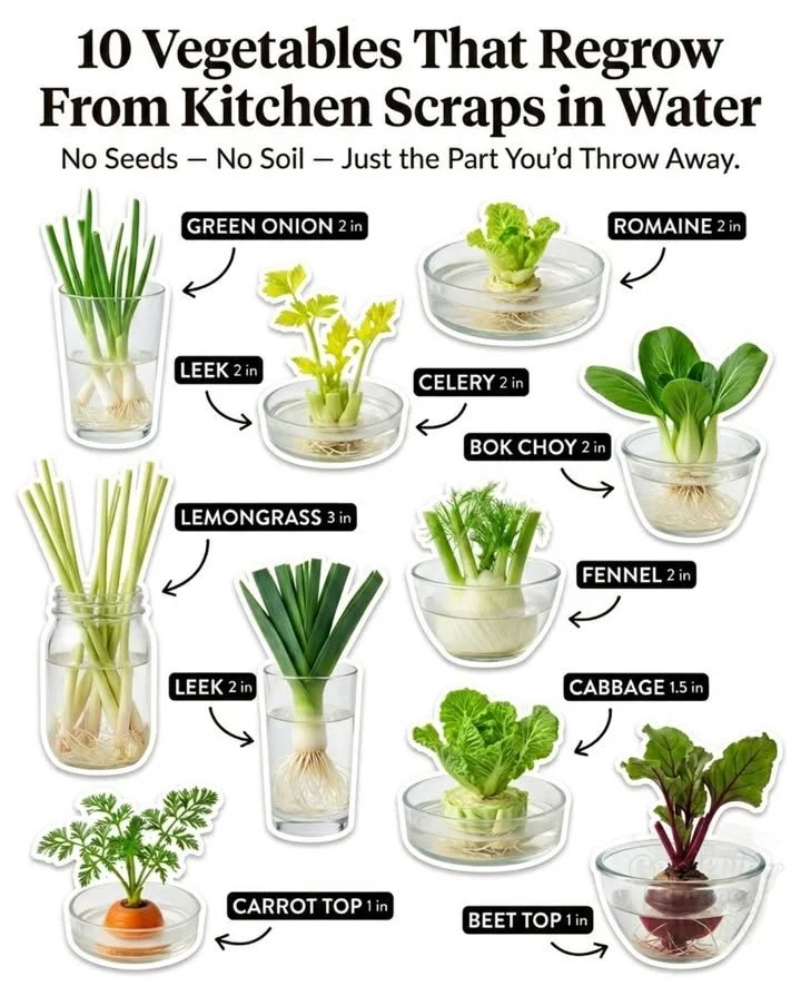 Regrowing vegetables from kitchen scraps in water for sustainable gardening.