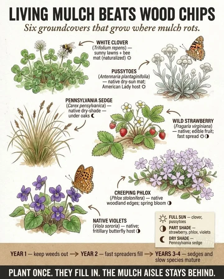 Diverse living groundcovers in garden providing weed suppression and pollinator support