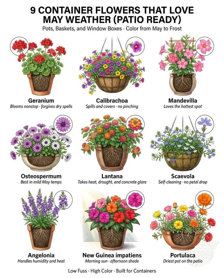 Colorful container flowers for year-round gardening from frost to fall.