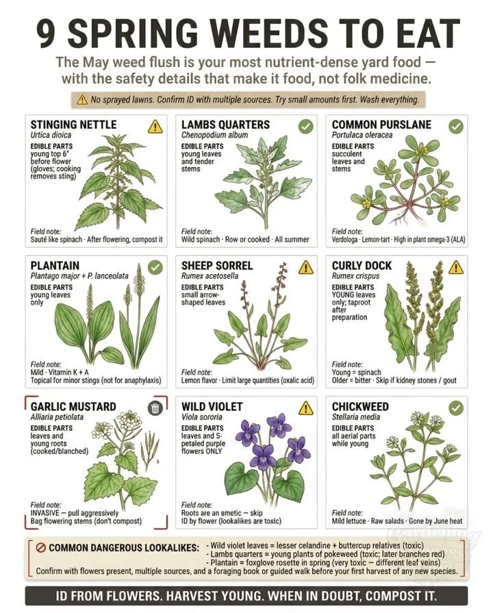 Nine types of edible weeds found in the yard, ready for foraging and cooking.
