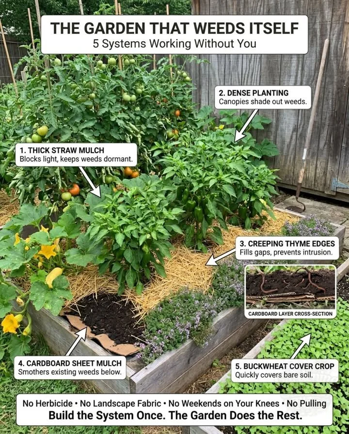 A vibrant no herbicide garden featuring clean beds and bare paths for easy maintenance.
