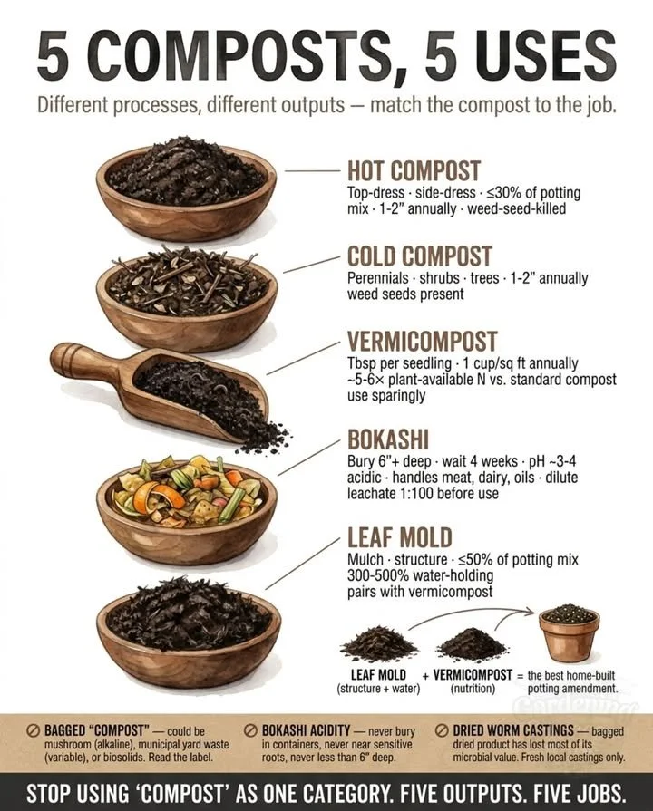 Different types of compost for gardening and their uses.